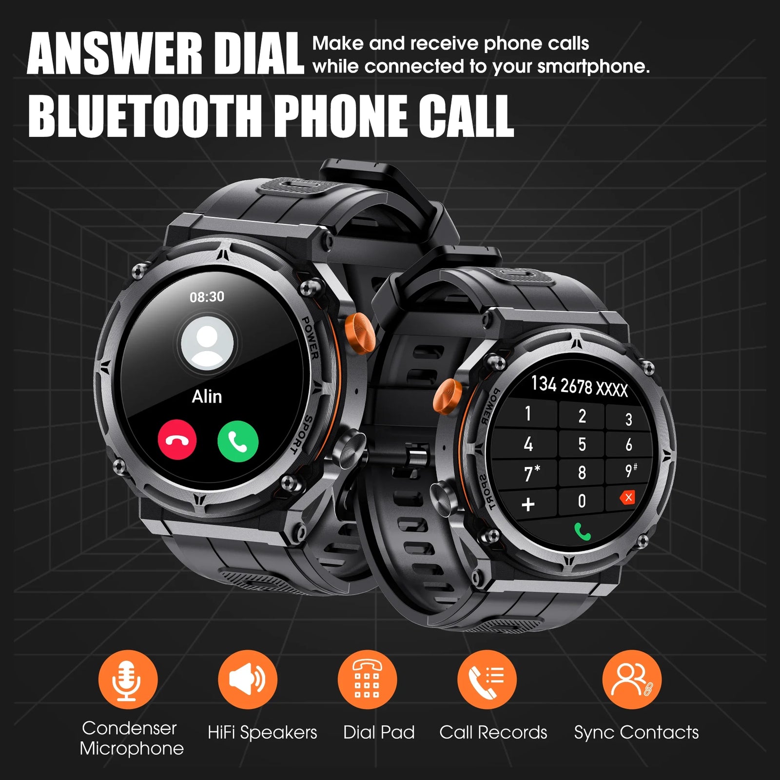 Smart Watches for Men, Bluetooth Call Receive Dial, 1.32" Rugged Smartwatch for Iphone/Android, C21 Outdoor Smart Watch, Black