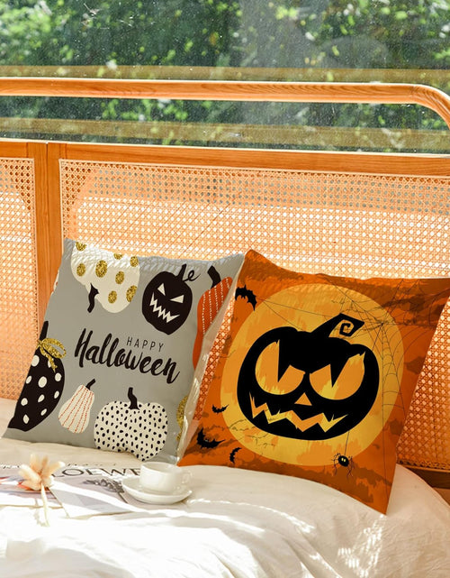 Load image into Gallery viewer, Set of 4 Halloween Pillow Covers 16X16 Inch Trick or Treat Pumpkin Decor Throw Pillow Covers Black Halloween Cushion Covers Linen Square Pillow Cases for Home Outdoor Sofa Couch (16 by 16)
