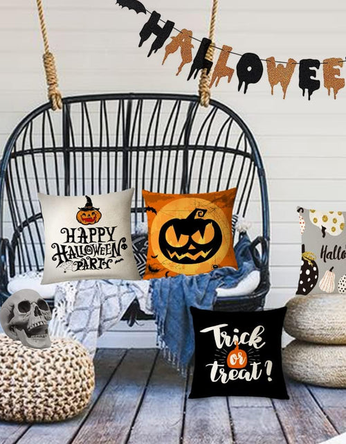 Load image into Gallery viewer, Set of 4 Halloween Pillow Covers 16X16 Inch Trick or Treat Pumpkin Decor Throw Pillow Covers Black Halloween Cushion Covers Linen Square Pillow Cases for Home Outdoor Sofa Couch (16 by 16)
