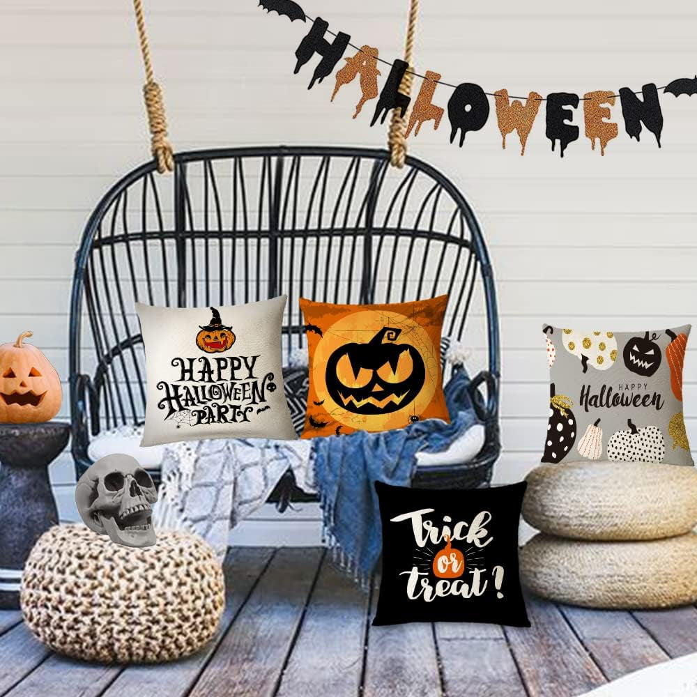 Set of 4 Halloween Pillow Covers 16X16 Inch Trick or Treat Pumpkin Decor Throw Pillow Covers Black Halloween Cushion Covers Linen Square Pillow Cases for Home Outdoor Sofa Couch (16 by 16)