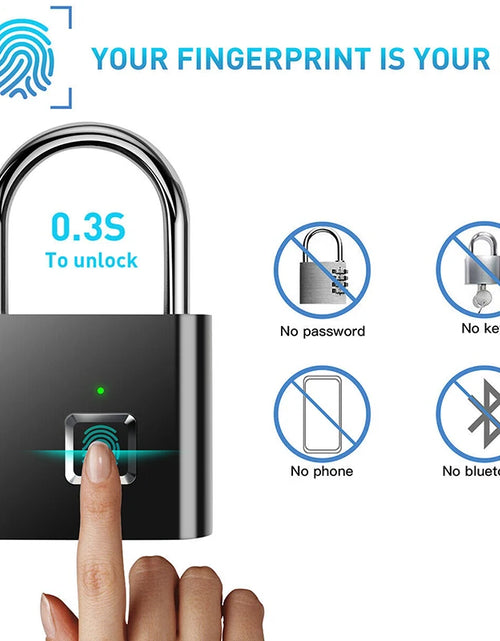 Load image into Gallery viewer, Black Silver USB Rechargeable Door Smart Lock Fingerprint Padlock Quick Unlock Zinc Alloy Metal High Identify Security Lock
