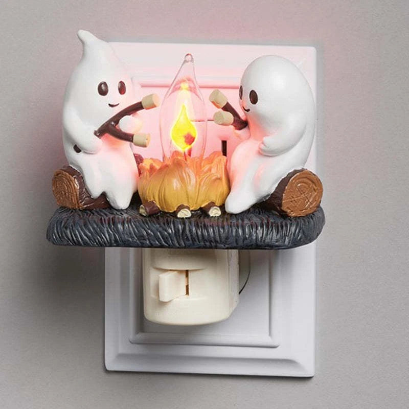 Cute Ghost Campfire Night Light Halloween Pumpkin Flickering Room Decorations Night Lights Dusk to Dawn Led Lamp Plug into Wall