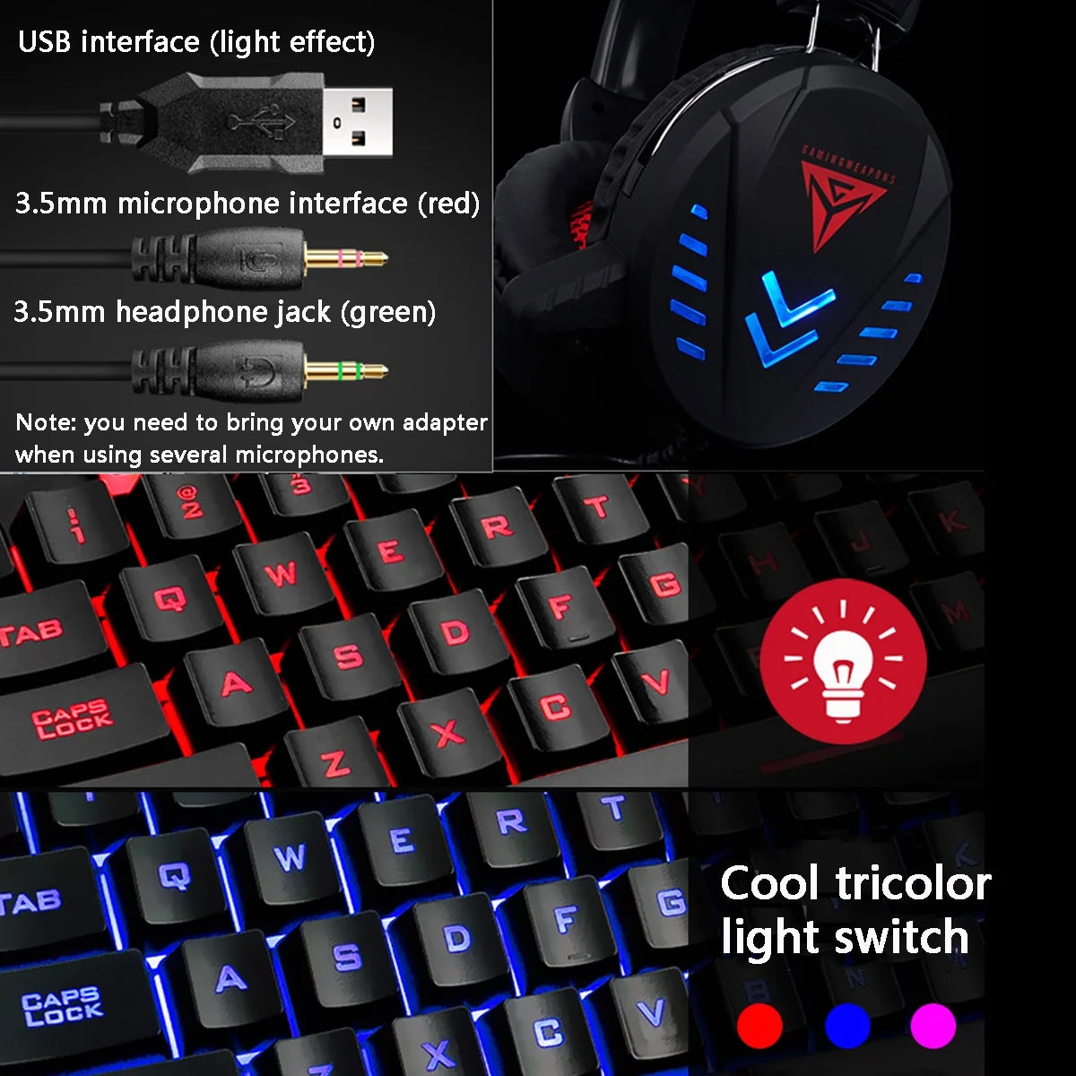 Gaming Keyboard and Mouse Combo with Headset, K59 RGB Backlit 3 Colors Keyboard, 6 Button 4DPI USB Wired Gaming Mouse, Lighted Gaming Headset with Microphone Set for Gamer