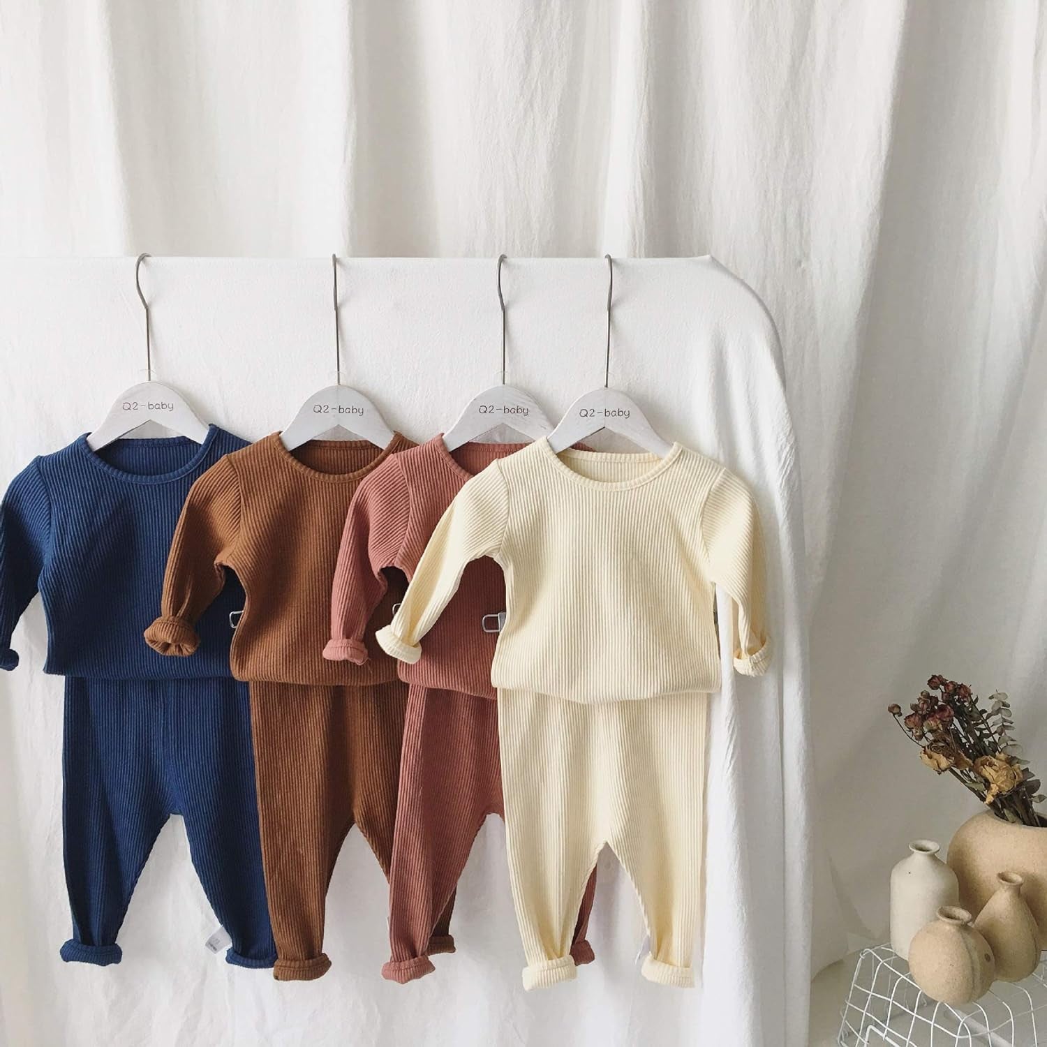 Baby Boys Girls Organic Soft Comfy Cotton Fall Winter Clothes Pants 2-Piece Pajama Set Solid Color Outfit