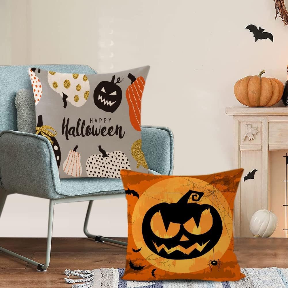 Set of 4 Halloween Pillow Covers 16X16 Inch Trick or Treat Pumpkin Decor Throw Pillow Covers Black Halloween Cushion Covers Linen Square Pillow Cases for Home Outdoor Sofa Couch (16 by 16)