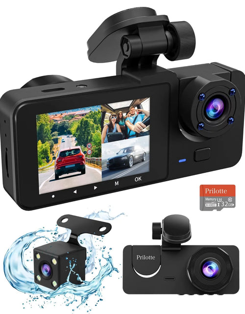 Load image into Gallery viewer, Dash Cam for Car, 1080P 3 Channel Front &amp; Rear inside Dash Camera, Super Night Vision, Parking Monitor, Loop Recording, with 32GB SD Card
