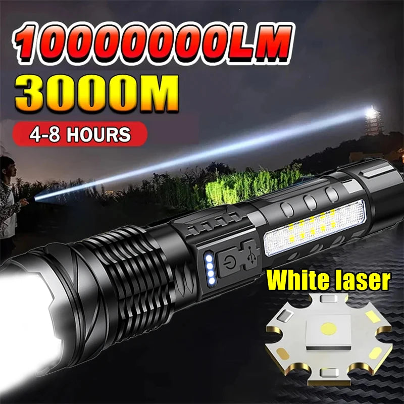 High Power White Laser LED Flashlight Built-In Battery USB Rechargeable Strong Light Tactical Torch Outdoor Camping Hiking Lamp