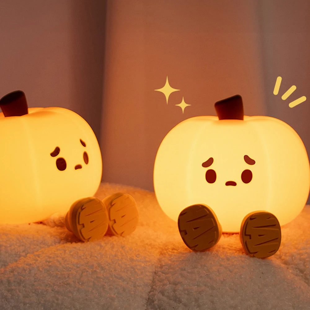 LED Night Lights Cute Pumpkin Safe Silicone Lamp USB Rechargeable Timing Bedside Decor Kids Baby Soft Nightlight Halloween Gift