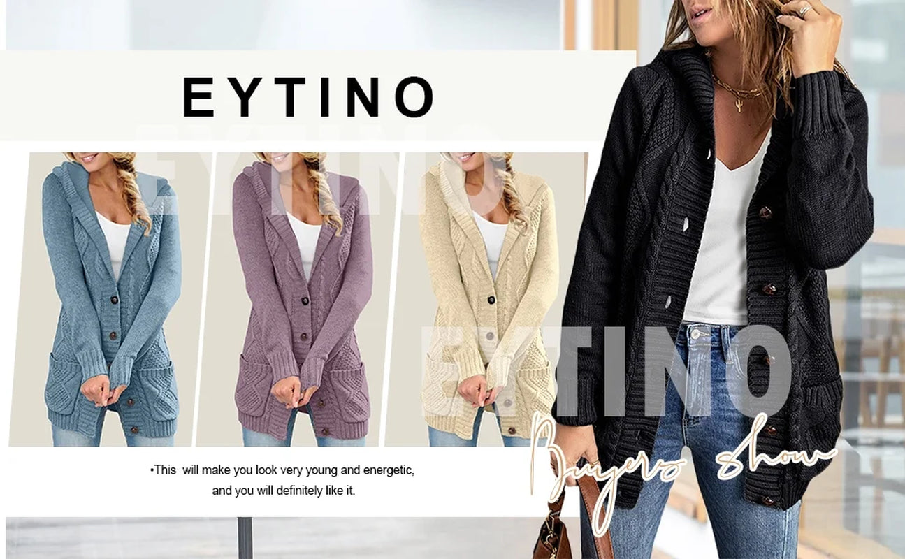 Hooded Cardigan Sweaters for Women Long Sleeve Button down Knit Sweater Coat Outwear with Pockets