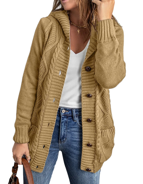 Load image into Gallery viewer, Hooded Cardigan Sweaters for Women Long Sleeve Button down Knit Sweater Coat Outwear with Pockets
