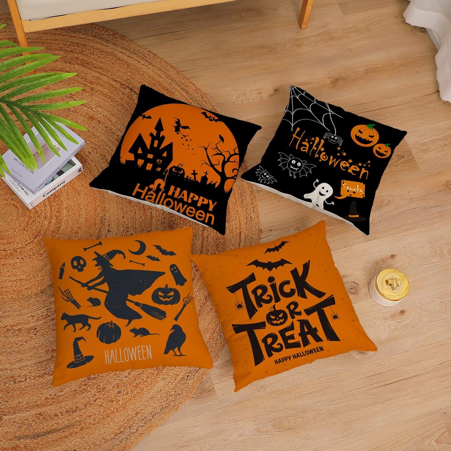 Halloween Decor Pillow Covers 16X16 Set of 4 Halloween Fall Black Decorative Throw Pillows Scary Pumpkin Bats Pillow Cases Home Outdoor Sofa Couch Cushion Covers for Halloween Decorations (16 by 16)