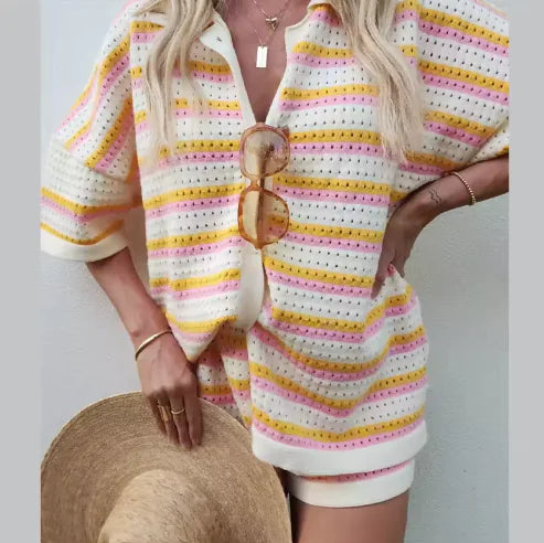 Load image into Gallery viewer, Color Block Lapel Shirt &amp; Striped Shorts Set
