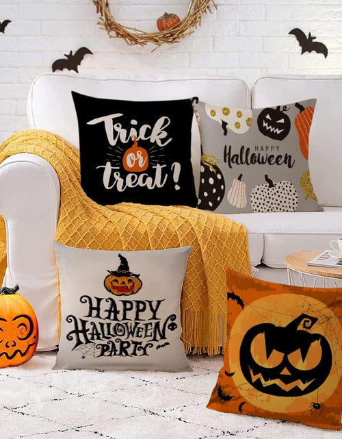 Load image into Gallery viewer, Set of 4 Halloween Pillow Covers 16X16 Inch Trick or Treat Pumpkin Decor Throw Pillow Covers Black Halloween Cushion Covers Linen Square Pillow Cases for Home Outdoor Sofa Couch (16 by 16)
