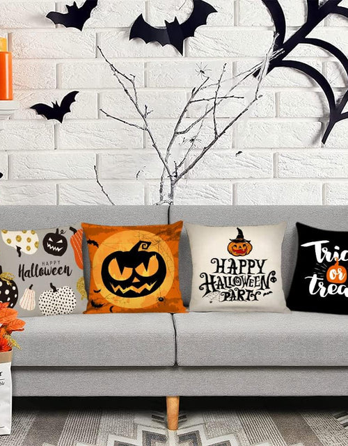 Load image into Gallery viewer, Set of 4 Halloween Pillow Covers 16X16 Inch Trick or Treat Pumpkin Decor Throw Pillow Covers Black Halloween Cushion Covers Linen Square Pillow Cases for Home Outdoor Sofa Couch (16 by 16)
