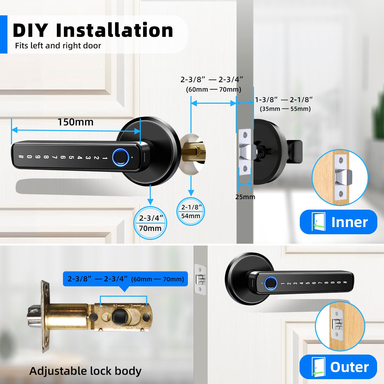 Smart Door Lock,Keyless Entry Door Lock with Handle,Fingerprint Door Lock with Tuya App,Smart Door Knob with Key for Home Bedroom