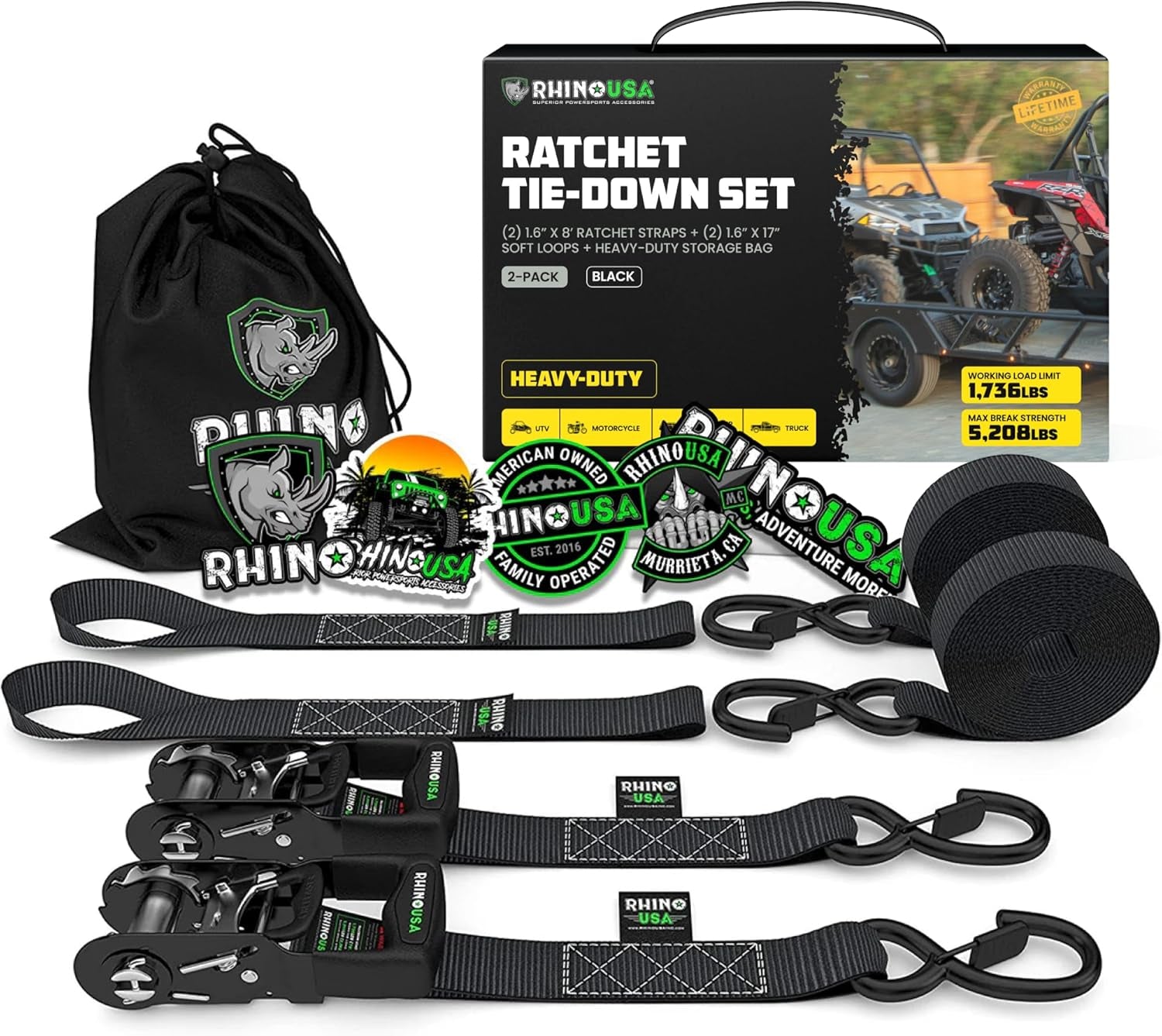 Ratchet Strap Tie down Kit, 5,208 Break Strength - Includes (2) Heavy Duty 1.6" X 8' Rachet Straps with Padded Handles & Coated Chromoly S Hooks + (2) Soft Loop Tie-Downs